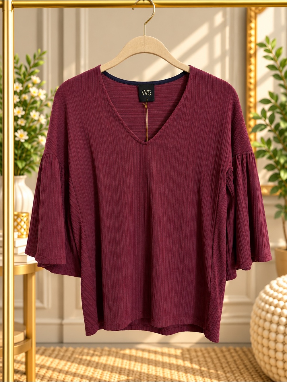 W5 Plum Ribbed V-Neck Bell Sleeve Blouse Women’s Small NWT